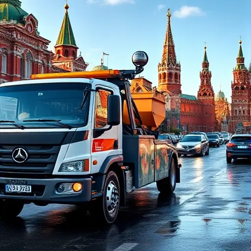 A modern tow truck parked on a busy Moscow street, with recognizable city architecture such as the Kremlin towers and red brick buildings in the background, under a clear sky. The scene shows the tow truck's hook and platform, emphasizing its utility, with subtle reflections on wet pavement, all rendered in a crisp, detailed smallHQ style