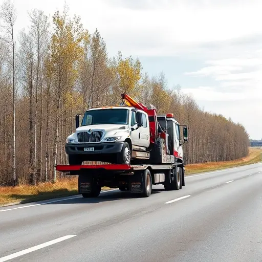 A realistic scene of a tow truck (evakuator) operating on a highway near Moscow, with surrounding birch trees and typical Russian countryside landscape, showing the truck lifting a disabled car onto its platform under a clear sky