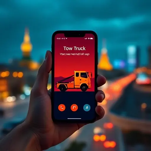 A modern smartphone in a hand displaying a sleek tow-truck call app interface, with a stylized silhouette of a tow truck and a faint outline of Moscow's skyline and streets in the background, bright city lights, realistic yet compact composition, no visible text or numbers.