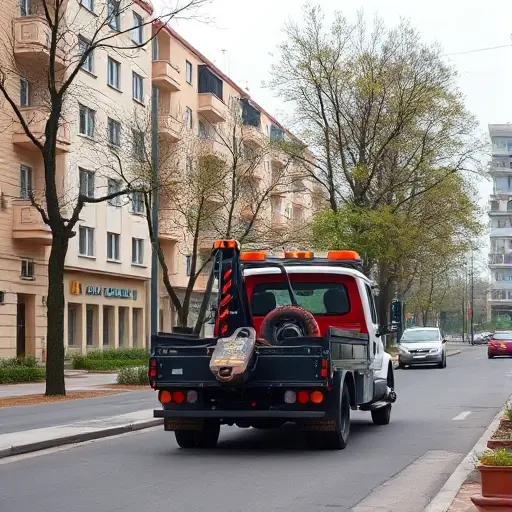 A realistic scene of a tow truck parked on a city street in the Begovaya district, surrounded by typical residential buildings, street trees, and a calm urban atmosphere. The tow truck is clearly visible with its hook and lights, but without any visible brand logos or text. The background shows a quiet street with parked cars and a subtle hint of a nearby park, all rendered in a high-quality smallHQ style.