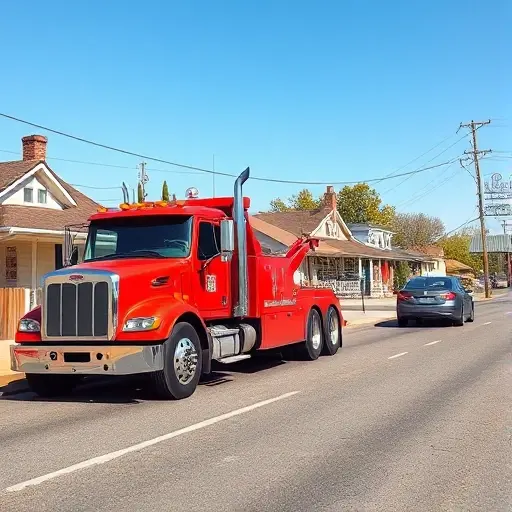 A realistic scene of a tow truck in a small town setting, with a car stuck on a quiet street. The tow truck is pulling the vehicle, showing its front and side, with a clear, sunny sky and a few trees or buildings in the background. No text or lettering is present in the image.