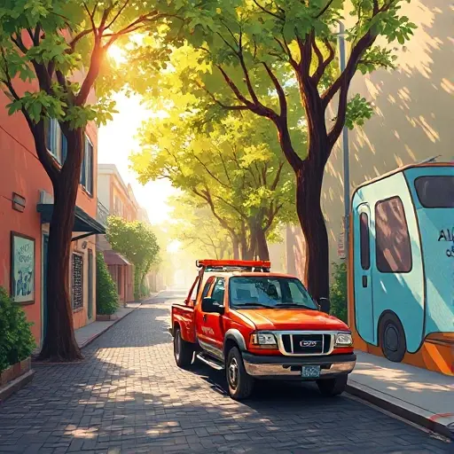 Эвакуатор на Аллее Вдохновения: Полное Руководство A realistic small-scale illustration of a tow truck parked on a charming, tree-lined alley called the Alley of Inspiration, with warm sunlight filtering through leafy canopies, cobblestone pavement, and artistic murals on the walls, the scene conveys a calm, helpful atmosphere without any people or signage.