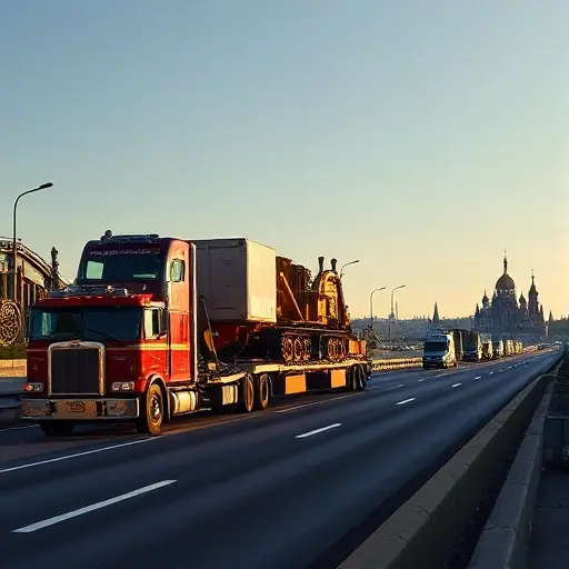 A powerful tow truck carrying large specialized machinery on a highway, with subtle silhouettes of St. Petersburg's iconic bridges and Moscow's Kremlin dome in the distant background, under a clear sky, emphasizing the transport of heavy equipment between the two cities