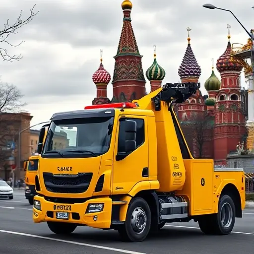 A modern yellow tow truck driving on a city street in Moscow with the Kremlin towers and Saint Basil's Cathedral visible in the background, realistic photography, high detail