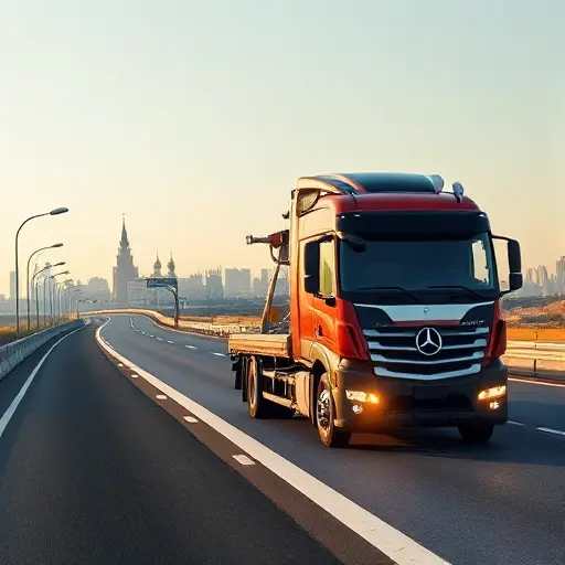 A modern tow truck (evacuator) traveling on a highway that connects St. Petersburg and Moscow, with the silhouettes of both city skylines visible in the distance, under a clear sky. The scene conveys professionalism, reliability, and years of experience, with realistic lighting and a clean, detailed composition.