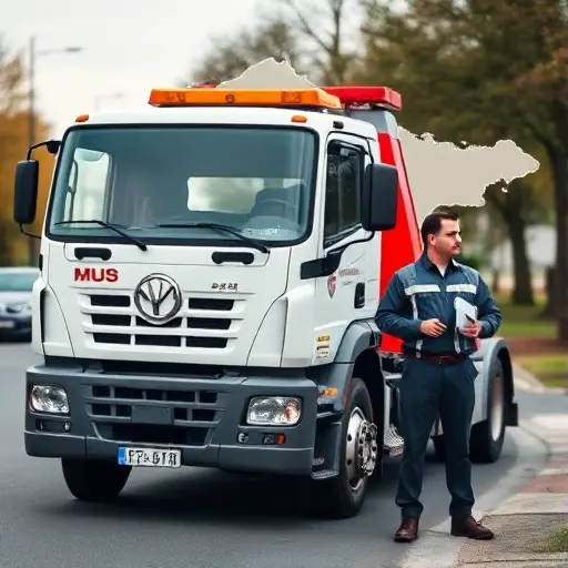 A professional towing truck parked on a street in the Moscow-Balachikha area, with a visible company logo and a clear, clean license plate. The scene includes a subtle map overlay of the Moscow-Balachikha region in the background, and a confident driver in uniform standing beside the truck, holding a clipboard. The image should convey trustworthiness, professionalism, and compliance with licensing regulations, with no text, letters, or digits visible in the visual elements.