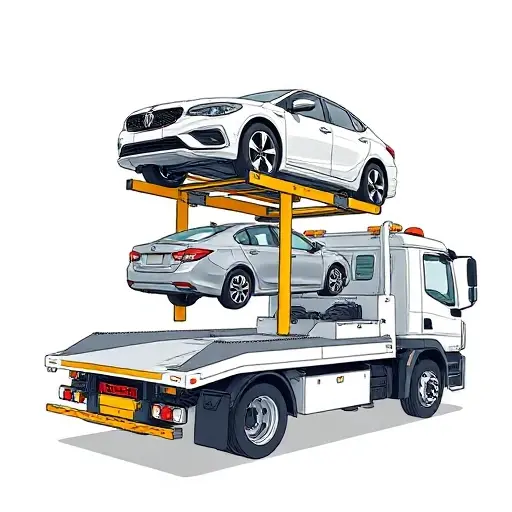 A detailed illustration of a modern tow truck (evacuator) showing its hydraulic lifting mechanism in action, with a car being lifted onto the truck's platform, rendered in a clean, semi-realistic style with clear mechanical details, no text or branding.