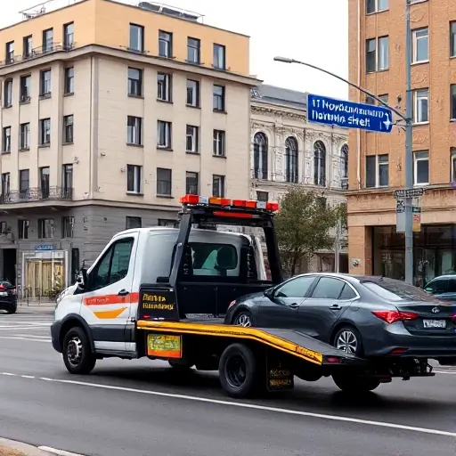 A tow truck parked on 1st Novokuzminskaya Street in a city setting, with nearby buildings, street signs, and a car being towed, no text or lettering visible