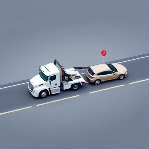 A tow truck pulling a car on a road, with a subtle digital map overlay indicating a route, all depicted in a clean, realistic style without any text or symbols