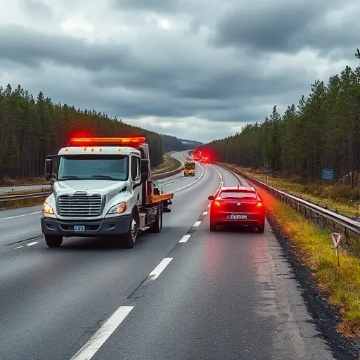 A realistic highway scene between St. Petersburg and Moscow showing a tow truck assisting a broken car on the side of the road, with a minor accident aftermath such as a dented vehicle, scattered debris, and emergency lights flashing, under a cloudy sky and surrounding forested landscape, all rendered in a compact high-quality style