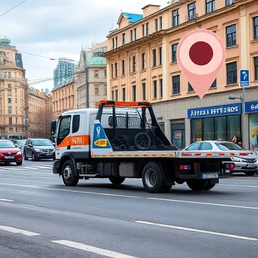 A realistic scene of a tow truck parked on a busy Moscow street in the South-Eastern Administrative Okrug, with city buildings and a subtle map pin icon indicating a nearby location, showing the concept of affordable, nearby towing service without any visible text or symbols