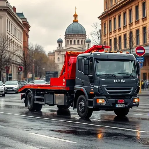 A realistic scene of a modern tow truck parked on a Moscow street, with recognizable city elements such as the Kremlin dome silhouette in the background, typical Russian traffic signs, and a busy urban atmosphere. The tow truck should be the focal point, showing its hook and platform, with subtle reflections on wet pavement to convey a professional service vibe. No text, letters, or numbers should appear in the image.