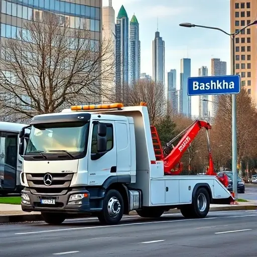 A modern tow truck parked on a city street in Moscow near Bashkha, with a clear view of the skyline and a road sign indicating 'Bashkha'. The scene should convey the concept of towing services and cost factors, with a subtle price tag graphic overlay (no actual text or numbers).