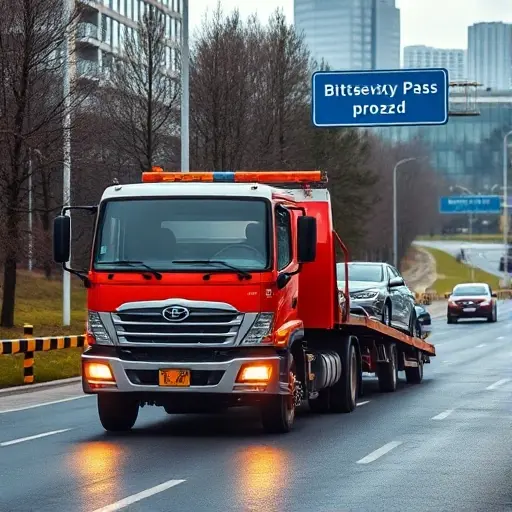 A realistic depiction of a tow truck (evacuator) parked on Bittsevsky Pass (Bittsevsky proezd) in a city setting, with a partially towed car, clear road signage indicating the pass, and a backdrop of urban buildings and trees. The scene should convey a professional towing service environment, with the tow truck’s front lights on and a visible towing hook attached to the towed vehicle. The image should be in a small high‑quality style, capturing the details of the vehicle and the surrounding road infrastructure.