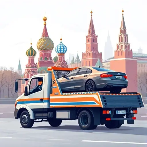 Добровоз Эвакуатор Москва для Водителей: Полный План Статьи A realistic illustration of a towing truck (evakuator) parked in front of a recognizable Moscow landmark, with a driver in uniform, a car being towed on the flatbed, and a subtle city skyline in the background. No text or signage visible.