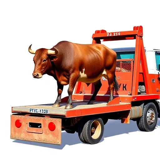 A tow truck loading a small bull onto its platform, showing the bull being lifted, with a clear background, no text or numbers