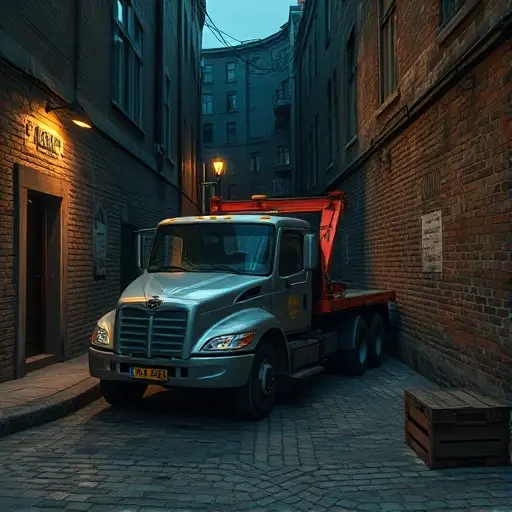 Эвакуатор в 1-м Подоском переулке: Полное руководство A realistic tow truck parked in a narrow, slightly dim urban alley named "1st Podoskom Lane", with cobblestone pavement, old brick walls, a few scattered crates, and a subtle hint of streetlights casting soft glows; the scene should feel instructional and clear, focusing on the vehicle and the alley environment without any text or signage