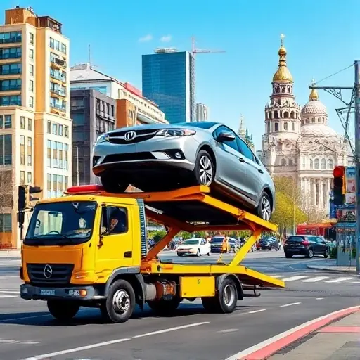 A realistic urban scene in Moscow showing a tow truck lifting a car onto its platform. The background includes recognizable Moscow architecture such as high-rise buildings and a hint of the Kremlin dome in the distance, with typical city streets, traffic lights, and road markings. The tow truck is yellow with a flashing light on top, and the car being towed is a compact sedan. The atmosphere is daytime with clear sky, and the composition emphasizes the action of the tow without any text, logos, or signage on the vehicles.