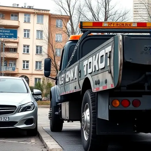 A realistic scene of a tow truck in the Butovo district of Moscow, positioned beside a parked car. The tow truck is equipped with a hook and chain, ready to lift the vehicle. The background shows typical Moscow residential buildings and a street sign indicating the location. The focus is on the tow truck, the car's make and model subtly visible, and the surrounding urban environment, without any text or logos.
