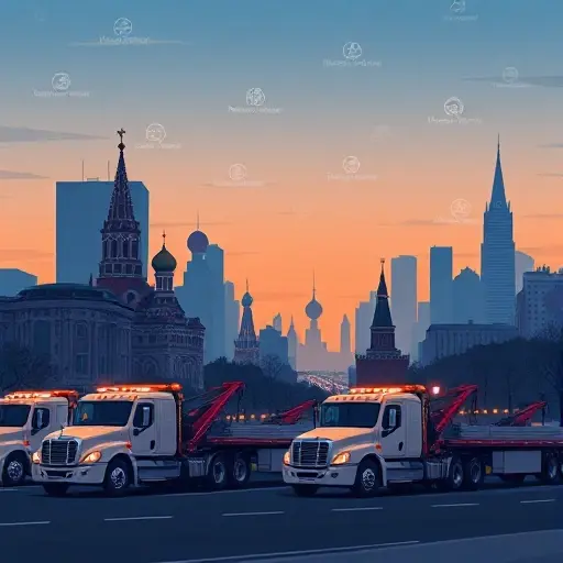 A stylized illustration of the Moscow skyline at dusk, featuring several tow trucks parked on a city street, subtle job listing icons floating above the trucks, and faint silhouettes of major tow company logos in the background, all rendered in a clean, modern aesthetic without any textual elements