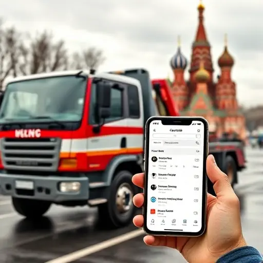 A realistic tow truck parked near a recognizable Moscow landmark, with a person holding a smartphone that displays a generic classifieds app interface, all depicted in a detailed, high-quality style.