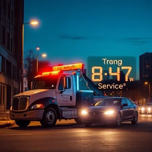 A modern tow truck with bright emergency lights parked beside a broken-down car on a city street at night, illuminated by street lamps and a subtle glow of a digital clock showing 24/7 service, conveying round-the-clock availability and reliability, with a clear sky and faint city skyline in the background