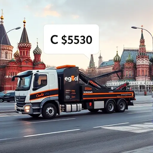 эвакуатор в москве цена рассчитать A modern tow truck parked on a Moscow street, with the iconic Moscow skyline in the background, a floating calculator icon indicating price calculation, no text or digits visible.