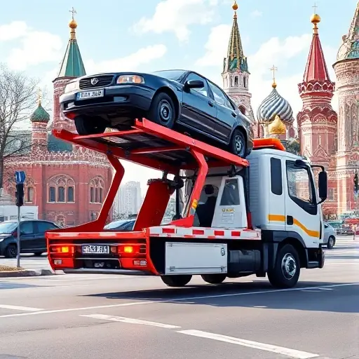 A realistic illustration of a modern tow truck (evacuator) operating on a busy Moscow street, with recognizable city architecture such as the Kremlin dome or St. Basil's silhouette in the background, showing the vehicle safely lifting a car onto its platform, emphasizing professionalism and efficiency, bright daylight, clean streets, no people, no text or logos.
