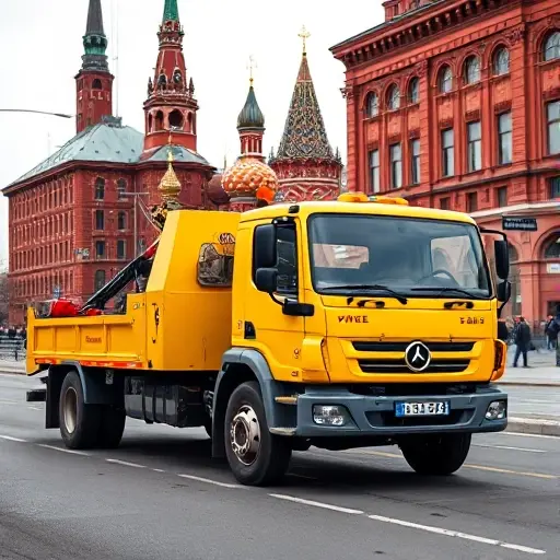 эвакуатор москва недорого рядом со мной A bright yellow tow truck parked on a Moscow street with iconic red brick buildings in the background, showing a clear view of the vehicle's front and side, with a subtle hint of the Kremlin or St. Basil's Cathedral in the distance, no people, no text, no logos