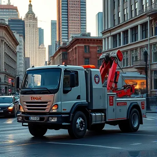 ермак эвакуатор москва A realistic depiction of a sturdy Ermak brand tow truck parked on a busy Moscow street, with recognizable Russian architecture such as historic buildings and modern high-rises in the background, the city’s characteristic street signs and traffic lights, and a subtle hint of early evening light reflecting off the truck’s metal surface. The scene should focus on the tow truck and the urban environment, without any text, logos, or people in the frame.