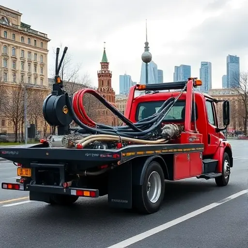 A tow truck parked on a Moscow street with the city skyline in the background, featuring a close-up of its hydraulic system components such as hoses, cylinders, and a hydraulic pump, rendered in a realistic style without any text, letters, or digits