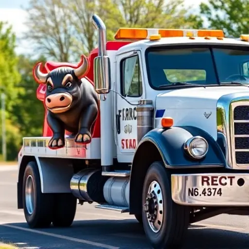 A tow truck with a small bull mascot on its side, in a bright, cheerful setting, no text or letters