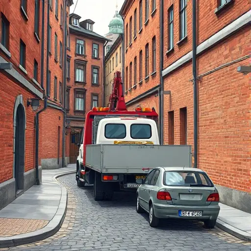 Эвакуатор в Басманном Тупике: Полное Руководство A realistic illustration of a tow truck maneuvering through a narrow, cobblestone alley in a historic Moscow district, with old brick buildings lining the sides, a small car stuck on the curb, and a tow hook extended, all in a detailed, high-resolution style.