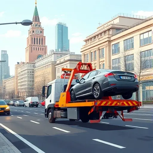 A realistic illustration of a tow truck operating on a busy Moscow street near the Molzhaninovsky district, with city buildings and a clear sky in the background. The scene shows the tow truck lifting a vehicle onto its platform, emphasizing the service aspect without any text or signage. The composition highlights the urban environment and the professional nature of the towing service.