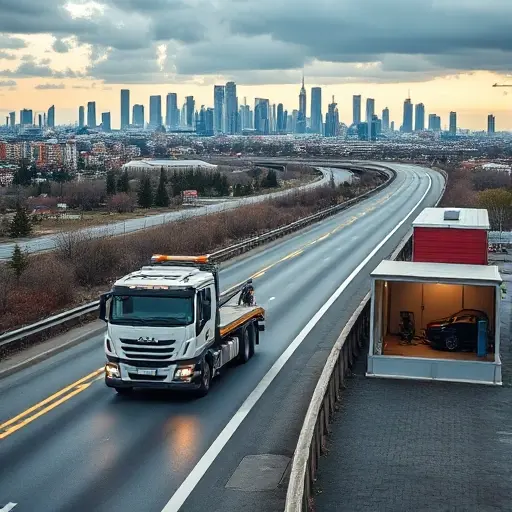 A tow truck driving on a highway connecting a cityscape reminiscent of Simferopol to a skyline reminiscent of Moscow, with a nearby secure storage building and a mechanic repairing a vehicle, depicted in realistic smallHQ style, without any text or logos
