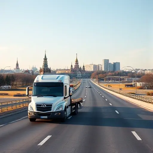A modern tow truck driving along a highway that links the historic town of Sergiev Posad with the skyline of Moscow, showing the road stretching between the two cities under a clear sky, with subtle hints of distance and movement, no text or symbols
