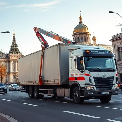 Эвакуатор для грузовых машин в Москве: Полное руководство A robust tow truck with a hydraulic crane lifting a large cargo truck on a busy Moscow street, with recognizable city buildings and the Kremlin dome in the background, under a clear sky, realistic lighting, showing the tow operation in action