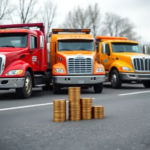 A scene on a road with three tow trucks of different colors parked side by side, each with a stack of coins in front of it, conveying a comparison of prices among companies. No text, letters, or numbers appear in the image.
