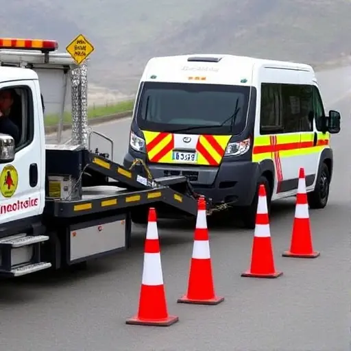 A tow truck operator safely towing a GAZelle Next vehicle, with safety equipment such as reflective vests, warning signs, and a safety barrier. The scene shows the operator in a reflective vest, the tow truck attached to the GAZelle Next, and a clear safety perimeter with cones and a barrier. The background is a road or parking lot, with a calm, professional atmosphere.