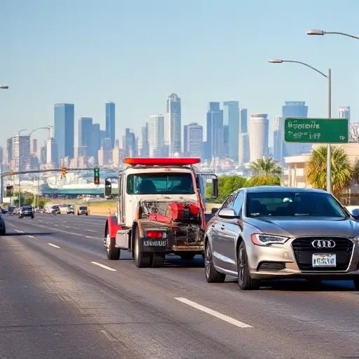 A tow truck pulling a stalled car on Aeroport Street, with a city skyline in the background, clear sky, no text or signage visible, no people, no other vehicles, no logos