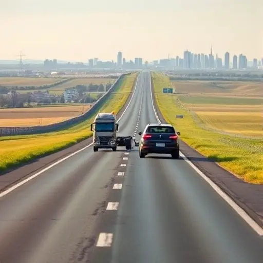 A realistic scene showing a tow truck pulling a passenger car along a long highway that stretches from a cityscape resembling Voronezh on one side to a skyline reminiscent of Moscow on the other. The road is marked with subtle distance markers, and the background includes gentle rolling fields and a clear sky. The tow truck is prominently featured, with the car's front wheels lifted, emphasizing the evacuation process. No text, signs, or logos are present.