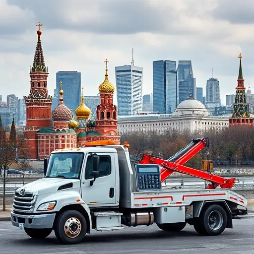 A tow truck parked near iconic Moscow landmarks, with a calculator on the dashboard, city skyline in background, no text or digits