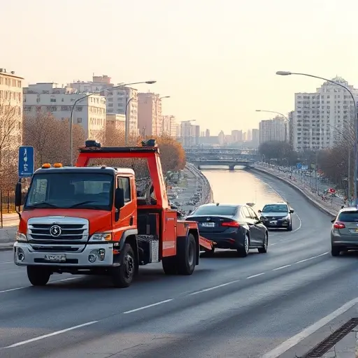 A realistic scene of a tow truck pulling a car on a busy Moscow street in the South-Eastern Administrative Okrug, with recognizable city architecture such as high-rise apartment blocks and the Moscow River in the background, under a clear daytime sky, showing the tow truck’s hook and the car’s rear wheels lifted, without any signage or text
