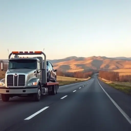 A realistic scene of a tow truck transporting a car on a long highway, with a subtle background suggesting a journey from Perm to Moscow, featuring Russian countryside, rolling hills, and a clear sky, without any text, logos, or people.