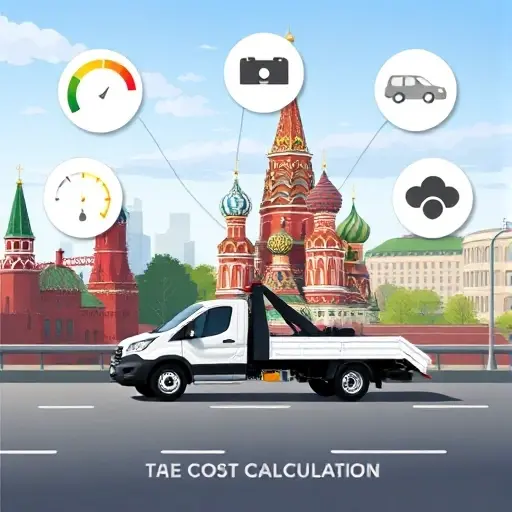 A realistic illustration of a Moscow cityscape with recognizable landmarks such as the Kremlin and St. Basil's Cathedral in the background. In the foreground, a modern tow truck is positioned on a road, with visual icons surrounding it representing key factors that affect towing costs: a distance meter, a clock for time of day, a vehicle silhouette indicating vehicle type, a traffic jam symbol, and a weather cloud. The scene conveys the concept of a cost calculator without any textual elements, using clear, concise visual symbols and a balanced composition.