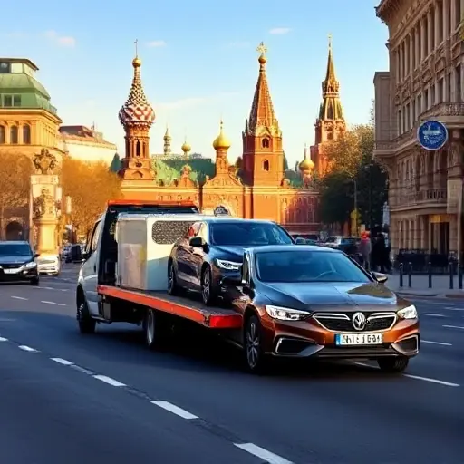 A tow truck pulling a sedan along a busy Moscow street, with recognizable Moscow skyline elements such as the Kremlin towers and St. Basil's Cathedral in the background, under a clear daytime sky. The scene shows the vehicle being taken to a service depot, with road markings and urban buildings, but no visible text, letters, or numbers.