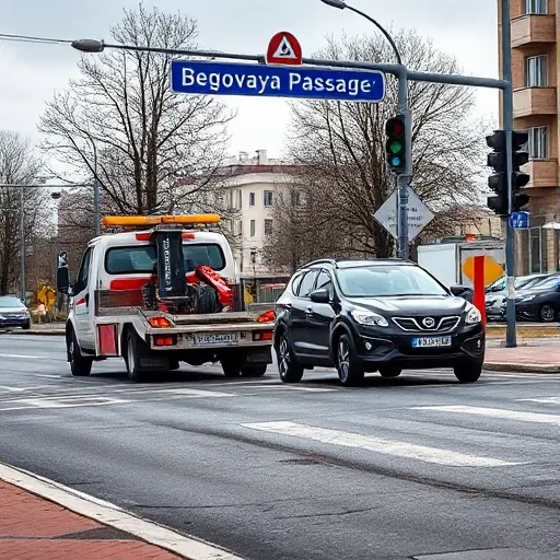 A realistic street scene in Belogorsk showing a tow truck pulling a car that was illegally parked on Begovaya Passage, with a city street sign, traffic lights, and nearby buildings, all in a detailed, high-resolution style.