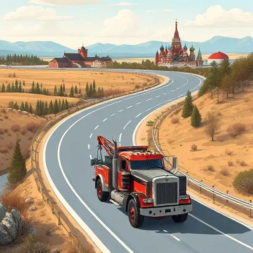 A rugged tow truck traveling along a winding highway through varied Russian landscapes, with a stylized route line connecting the southern city of Simferopol to the capital Moscow, featuring iconic elements such as the Black Sea coast, steppe, and the Kremlin silhouette in the distance, all rendered in a realistic yet slightly stylized illustration style