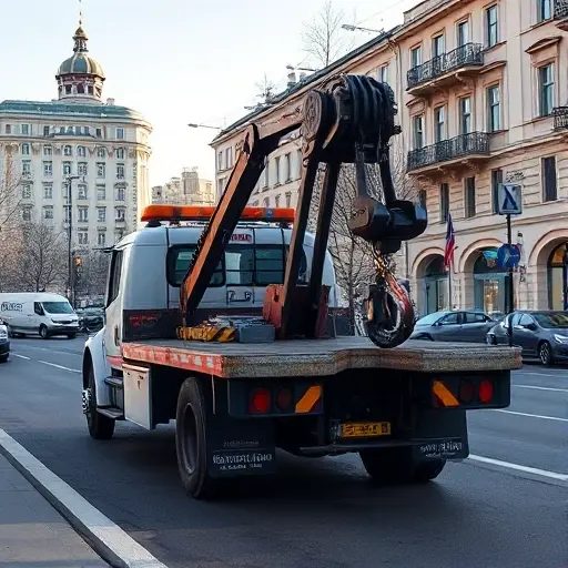 A realistic scene of a tow truck (evakuator) parked on a city street in the Mariny district of Moscow, with recognizable Moscow architecture and street signs in the background, showing the truck's hook and platform, under a clear sky, no people, no text or logos