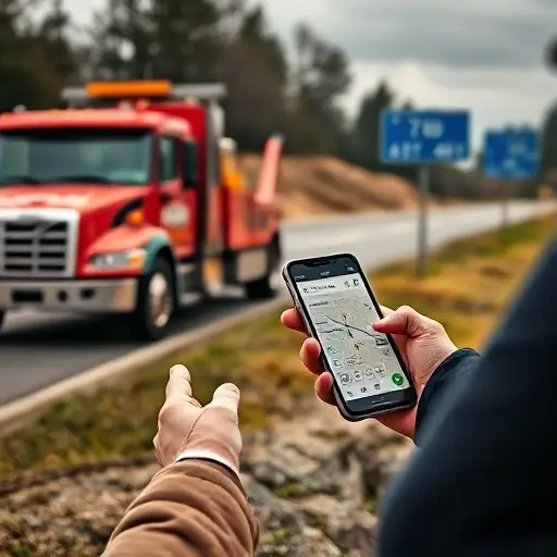 расчет стоимости эвакуатора A realistic scene showing a tow truck parked on a roadside, a person in a work jacket holding a calculator and a smartphone displaying a map, with a road sign indicating distance, all in a natural outdoor setting, no text or numbers visible in the image.